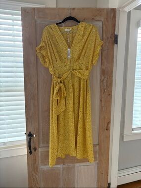 Max Studio Yellow Floral Tie-Waist Midi Dress